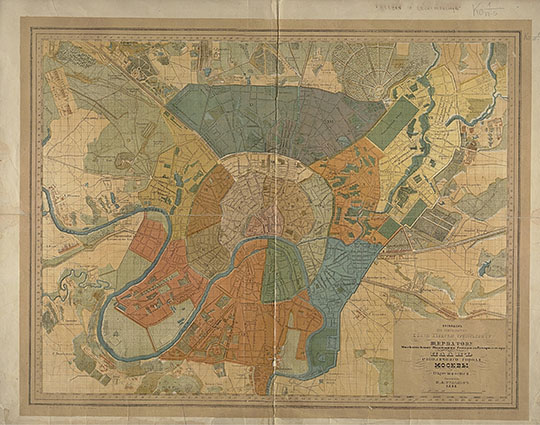 План Столичного города Москвы v.2 1:25K%Map of the Capital city of Moscow
План столичного города Москвы и окрестностей. Сост. М. Д. Рудольф. - 1:25200, 300 саж. в дюйме. - М., 1848 (Литогр. Роппольт). - 1 к.: цв.; 530x680 - Перед загл. посвящение московскому военному генерал губернатору князю А. Г. Щербатову. Прил. к кн.: Рудольф М. Д. Москва с топографическим указанием всей ее местности и окрестностей: Подробная справочная книжка для приезжающих и живущих в столице. (М., 1848).
