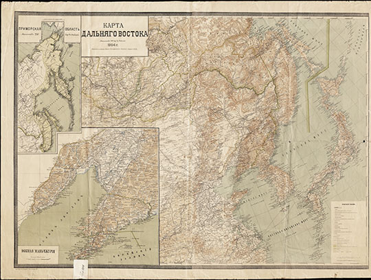 Карта Дальнего Востока  1:4.2M% Map of Far East
Карта Дальнего Востока. Масштаб 100 верст в дюйме. 1904г. На врезках - карты Приморской области и Южной Маньчжурии.  Напечатана с гравюр Военно-Топографического Управления Главного Штаба.Картографическое Заведение Д.М. Руднева. Новый пер. д. 5 С.П.Б.
Ключевые слова: Владивосток,Дальний Восток,Сахалин,Хабаровск,Иркутск,Благовещенск,Чита,Русско-японская война