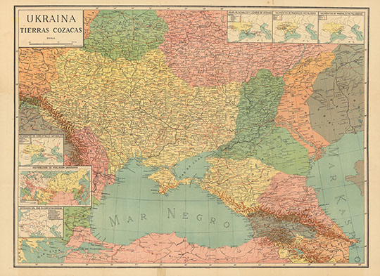 Карта Украины, изданная в Аргентине 1:3.3М %Ukraina. Tierras Cozacas
Карта Украины. Ukraina. Tierras Cozacas. Издательство: ING. B. Mylinsky, Буэнос-Айрес. 59 x 82 см. Масштаб - 1:3,300,000. Карта включает 6 врезок, показывающих месторождения природного топлива, распределение населения Украины в Восточной Европе, часовые пояса и месторождения полезных ископаемых. На карте показаны крупные города, поселки, дороги, реки, озера и горы. Карта была отпечатана за счёт средств, собранных украинскими националистами в Аргентине. По состоянию на 1943 год в Аргентине проживало более 60 000 человек, имеющих украинские корни.
Ключевые слова: Украина
