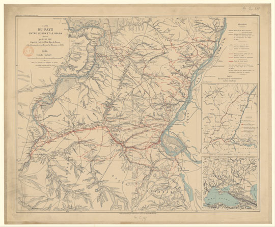 Карта местности между Волгой и Доном  1:210K% Map of area between Volga and Don
Карта местности между Волгой и Доном. Чертеж Леона Дру, сделанный с использованием карт России и документов, составленных при исследования местности в 1885 году. На врезках - карта дорог между Волгой и Доном и карта южной части Европейской России. Масштаб 1:210 000. Франция,  1886 г. 68 x 55 см. Carte du pays entre le Don et le Volga / dressée par Léon Dru, d'après la carte de l'état-major de Russie et les documents recueillis par la mission en 1885.
Ключевые слова: Волгоград,Царицын,каналы,французские карты