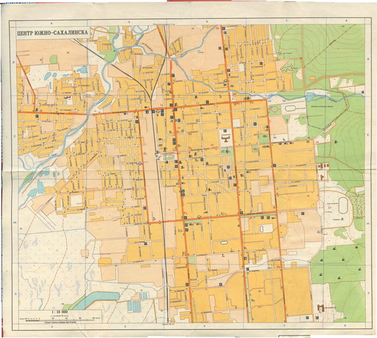 Центр Южно-Сахалинска  1:10K% Yuzhno-Sakhalinsk - central part
Карта центра Южно-Сахалинска. Масштаб 1:10,000. Федеральная Служба Геодезии и Картографии России. Карта составлена Дальневосточным аэрогеодезическим предприятием Роскартографии в 1996г. 
Ключевые слова: Южно-Сахалинск