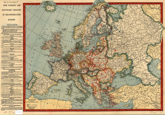 Новые государства в Европе 1:33M % New nations in Europe
Новые государства и изменения границ в реконструированной Европе. Американская карта Европы издательства Хаммонд 1921 года. Hammond's Map of Europe. New nations and boundary changes in reconstructed Europe. На врезке - комментарии к отдельным странам. Масштаб - 50 миль в дюйме. 
Ключевые слова: Европа,американские карты