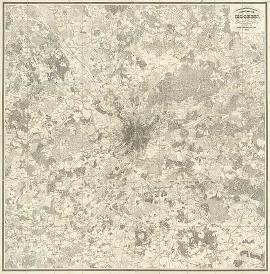 Топографическая карта окрестностей Москвы 1:42К % Topographic map of Moscow and vicinity
Топографическая карта окрестностей Москвы Масштаб 1:42,000. Снята под рук. ген.-лейт. Шуберта в 1838 и 1839 годах; грав. при Воен.-топогр. депо, 1848; грав. Копьев [и др.]; вырез. слова Петров и Эргард [и др.]. - Испр. офицерами Ген. штаба 6-го пехот. корпуса в 1850 г. - [Санкт-Петербург] : Воен.-топогр. депо, [1850]. - 1 к. (6 л., 1 л. сб.) : одноцв.; 55x81 см, в футл. 29x17 см.
Грав. также Иванов 2-й, Мичурин, Сорокин, Потехин ; вырез. слова также Кудрявцев, Поляков, Шишкин
Ключевые слова: карты Шуберта