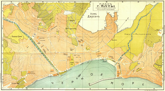План Ялты  1:5K% Map of Yalta
План Ялты. Масштаб 70 сажен в дюйме. Из кн: Крым. Путеводитель. Под ред. Бумберг К. Ю., Вагин Л. С., Клепинин Н. Н., Соколов В. В. Симферополь, 1914. 688 с. Литография Южного товарищества, Симферополь.
Ключевые слова: Ялта,Крым