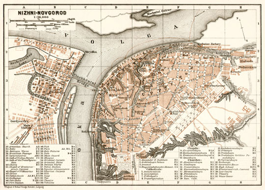 План Нижнего Новгорода 1:36K%Map of Nizhny Novgorod
Nizhni-Novgorod. План Нижнего Новгорода с обозначениями на немецком языке. Smolensk. Издательство Wagner & Debes Geogr. Establ. Leipzig. Масштаб 1:36000. Обозначены основные объекты города. Условная координатная сетка. 
Ключевые слова: Нижний Новгород,немецкие карты