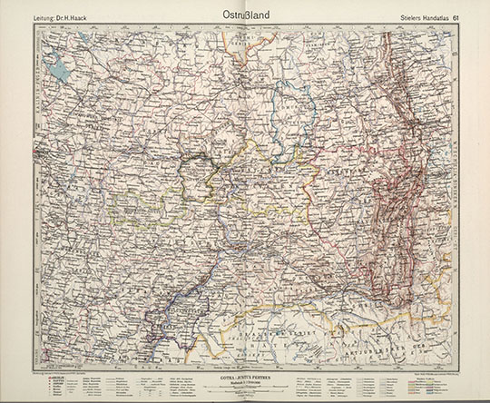 Восточная часть России в Атласе Штилера  1:3.7M% Eastern Russia in Stielers Hand-Atlas
Восточная часть России в Атласе Штилера 1945 года издания. Масштаб 1:3,700,000. 38 х 42 см. 61. Ostrussland. , 1944.  В кн.: Stielers Hand-Atlas. 254 Haupt- und Nebenkarten in Kupferstich. Zehnte Auflage Hundertjahr - Ausgabe. Herausegeben unter Leitung von Prof. Dr. H. Haack, in Justus Perthes' Geogr. Anstalt. Gotha: Justus Perthes. 1945.
Ключевые слова: атласы,немецкие карты,атласы Штилера