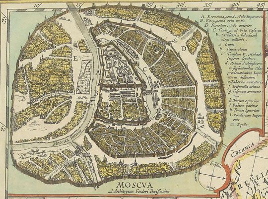 Годунов чертеж v.1%Godunov v.1 drawing
План Москвы в левом верхнем углу карты Московии. BLAEU, W. Tabula Russiae ex autographo, quod delineandum curavit Foedor filius Tzaris Boris desums... - Domino regionum Iueriae Kartalinie et Groefiniae Tzari etc: dedicata ab Heselo Gerardo M.DC.XIIII. Amsterdam, 1645. 42.5 x 54.5 см.
Ключевые слова: Годунов чертеж