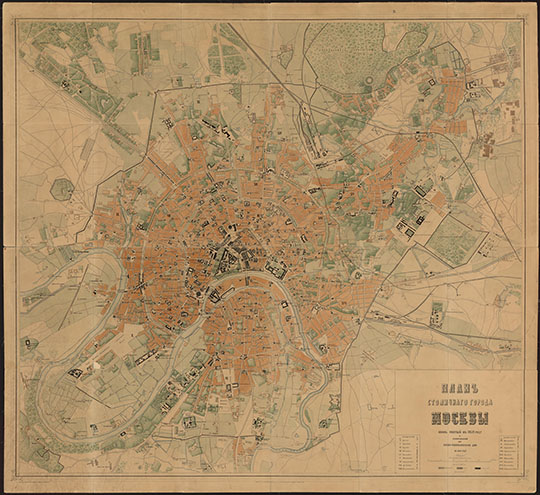 План столичного города Москвы 1:13K % Plan of Moscow
План столичного города Москвы: Вновь снятый в 1859 году / и грав. при Воен.-топогр. депо в 1862 году; Грав.: Романов, Сергеев, Иванов 2-й, Копьев, Зиновьев и Мержанов; Вырез. слова: Дементьев, Осипов, Петров, Егоров и Васильев 1-й. - Испр. в 1865 г. - [1:12600], 150 саж. в дюйме. - [СПб], 1862. - 1 к. (4 л.): цв.; 55x61 см и др. - Исполнен гравюрой на меди.
