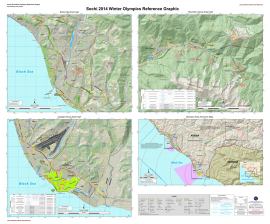 Сочи - американская карта  1:30K% Sochi - American map
Sochi 2014 Winter Olympics Reference Graphic. Krasnodarskiy Kray, Russia. United States Government. Американская карта Сочи. Сборный лист - Olympics Area Overview List. Три листа территорий Олимпийских объектов - Sochi City Area Inset (1:24,000), Mountain Venue Area Inset (1:30,000), Coastial Venue Area Inset (1:30,000), 
Ключевые слова: Сочи,американские карты