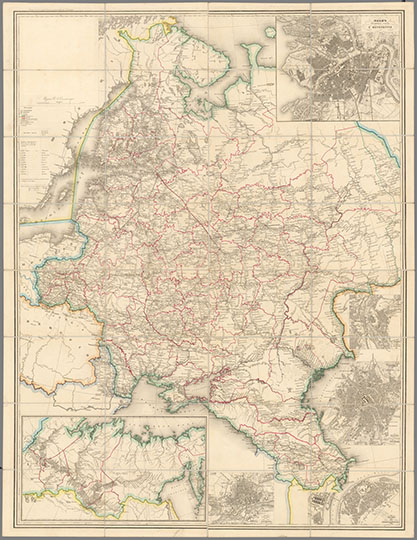 Транспортная карта Российской Империи1:4.2М %Transport map of the Russian Empire
Транспортная карта Российской Империи. Масштаб - 100 верст в дюйме. 117 х 98 см. Издание  Ю.А. Юнгмейстера. Санкт-Петербург, 1854.На полях - Азиатская часть России и планы крупнейших городов.
Ключевые слова: Российская империя