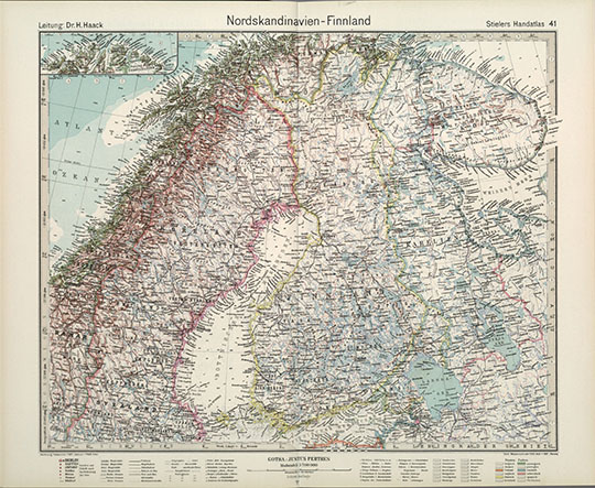 Скандинавия и Финляндия в Атласе Штилера  1:3.7M% Scandinavia in Stielers Hand-Atlas
Север Скандинавии и Финляндия в Атласе Штилера 1945 года издания. Масштаб 1:3,700,000. 38 х 42 см. 41. Nordskandinavien - Finnland, 1941. Stielers Hand-Atlas. 254 Haupt- und Nebenkarten in Kupferstich. Zehnte Auflage Hundertjahr - Ausgabe. Herausegeben unter Leitung von Prof. Dr. H. Haack, in Justus Perthes' Geogr. Anstalt. Gotha: Justus Perthes. 1945.
Ключевые слова: атласы,немецкие карты,атласы Штилера