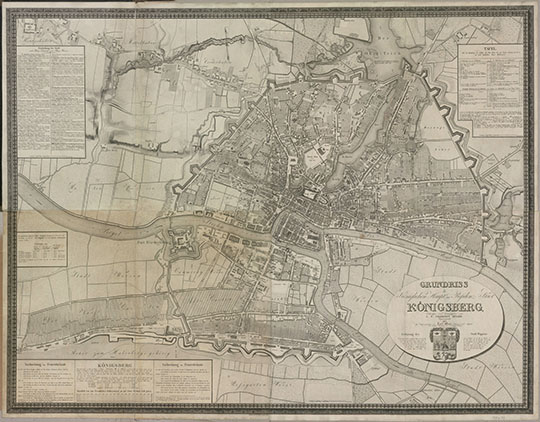 План Кёнигсберга % German plan of Kenigsberg
Планировка Королевского Главного города и Резиденции Кёнигсберга.  План разработан и издан I. T. Valerianus MULLER в 1815 г. GRUNDRISS Königlichen Haupt und Residenz Stadt KONIGSBERG Entworfen und herausgegeben von I.T. VALERIANUS MULLER Regierungsrath 1815.
Ключевые слова: Калининград,немецкие карты