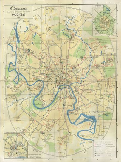 Схема маршрутов городского транспорта%City transportation map
Схема маршрутов городского транспорта Москвы, 1964г. Буклет "Как проехать по Москве". Изд. Московский рабочий, 1964. Схема составлена по состоянию на 15 января 1964 года. Условная координатная сетка. На врезках - схема московских автобусных маршрутов пригородного сообщения и схема маршрутов городского транспорта в центре города. Схема составлена картографическим отделом Мосгоргеотреста Глав. АПУ. 585 х 770 мм.
