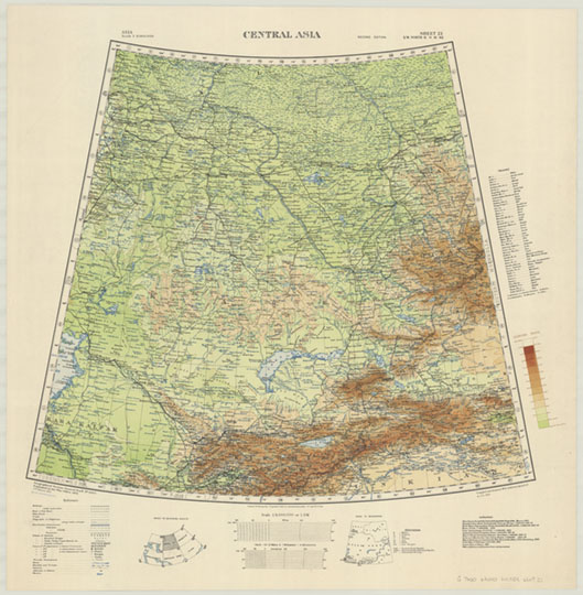 Центральная часть Азии  1:4M% Central Asia
Центральная часть Азии. Масштаб 1:4,000,000. 72 х 71 см. Английская карта. Central Asia. GSGS (Series) ; 2957. Published by the War Office, 1921. 2nd Edition, 1931. Compiled and drawn at W.O., heliozincographed at O.S. 1931
Ключевые слова: Омск,Азия,английские карты