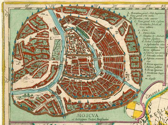 Годунов чертеж v.2%Godunov v.2 drawing
Гравер Hessel Gerritsz. Tabula Russiae ex autographo, quod delineandum curavit Foedor filius Tzaris Boris desumta; . . .Фрагмент плана из кн.:  Theatre du Monde ou Nouvel Atlas. J. Blaeu, 1643-50.M.DC.XIIII. - Blaeu J., 1663. 42.5 x 54.5 см.
Ключевые слова: Годунов чертеж