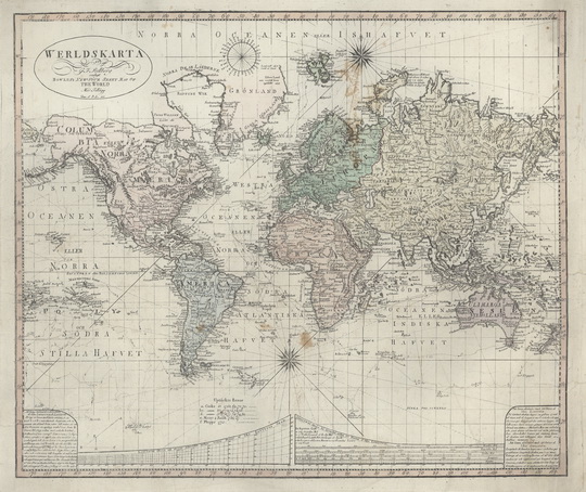 Карта мира % World map
Карта мира. 75 х 55 см. Karta-Världskarta från 1808. 1808 - Sjöhistoriska museet. Enligt Bowleys New four Sheet map of World, med tillägg. Översedd och förbättrad av P A 1808
