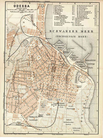 Немецкий план Одессы  1:35K% German plan of Odessa
План города Одессы из словаря Брокгауза. 1:35000. Odessa. Geograph. Ansalt v. Wagner & Debes, Leipzig.
Ключевые слова: Одесса,немецкие карты