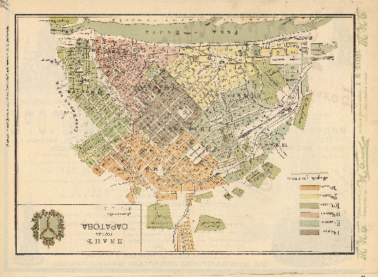 План города Саратова 1:8K% Plan of Saratov
План города Саратова. Масштаб 100 саженей в дюйме. Из кн.: "Спутник по реке Волге и её притокам Каме и Оке. С картами Волги, Камы и Оки, видами и Планами волжских, камских и окских городов." Год издания VIII. Типо-Литография П. С. Феокритова, Саратов, 1908г.
Ключевые слова: Саратов,путеводители по Волге