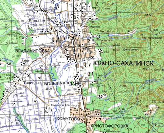 Южно-Сахалинск и окрестности %Yuzhno-Sakhalinsk and vicinity
Южно-Сахалинск и окрестности. Карта Госгеоцентра. Масштаб 1:25,000
Ключевые слова: Южно-Сахалинск,карты ГГЦ