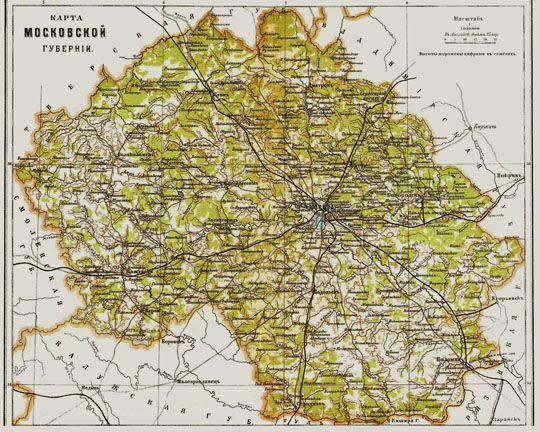 Карта Московской губернiи 1:1.1M%Map of Moscow Gubernia
Карта Московской губернiи. Иллюстрация в кн.: Энциклопедический словарь Ф.А. Брокгауза и И.А. Ефрона. (1890-1907). Масштаб 1: 1050000. В английском дюйме 25 верст. Высоты выражены цифрами в саженях.
Ключевые слова: Подмосковье