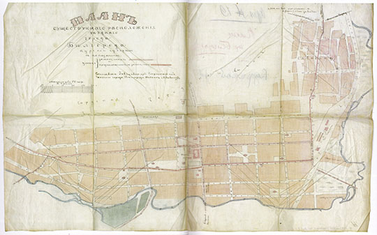 План уездного города Белгорода  1:4K% Plan of Belgorod
План существующего расположения уездного города Белгорода Курской губернии с показанием улиц замощенных и предполагаемых к замощению.. Масштаб 50 саженей в английском дюйме. 1880-е годы.
Ключевые слова: Белгород