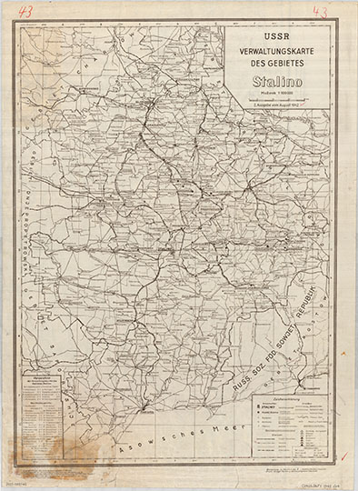 Немецкая карта окрестностей Донецка 1:500К %Verwaltungskarte Des Gebietes Stalino
Немецкая административная карта окрестностей Донецка. Масштаб 1:500,000. 1942г. USSR. Verwaltungskarte Des Gebietes Stalino.
Ключевые слова: Донецк,немецкие карты
