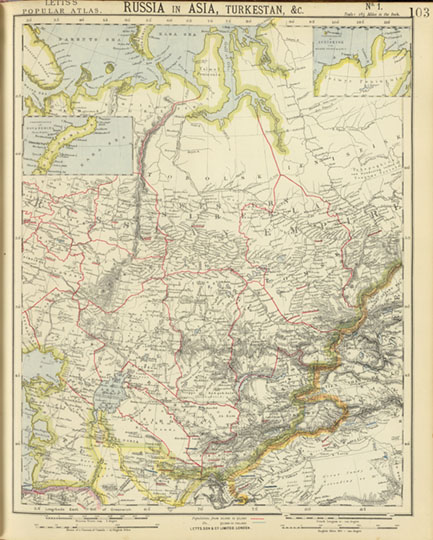Россия в Азии и Туркестане  1:10M%  Russia in Asia, Turkestan
Россия в Азии и Туркестане. Масштаб 1:10,454,000. 43 х 34 см. Russia in Asia, Turkestan &c. No. 1. Letts's popular atlas. Letts, Son & Co. Limited, London. 
Ключевые слова: Омск,Россия,Урал,Сибирь,английские карты