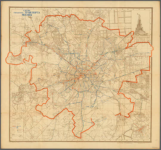 Схема городского транспорта Москвы  1:35K v.3 % Moscow municipal transport map
Схема городского транспорта Москвы. Обратная сторона плана Москвы 1940 года (код карты 0619406): Вариант 3. План г. Москвы: изм. и доп. - по сост. на 25 марта 1940 г. / Сост. и изд. геодез. конторой упр-ия планировки г. Москвы в 1940 г.; Отв. ред. Н. В. Алферова. - Изд. 2-е. - 1:35000. - М., 1940 (Полигр. комб. им. В. М. Молотова ГУГК при СНК СССР). - 1 к.: цв., 2 доп. карты, ил.; 77x84 см + Указ. (65 с. (ок. 3900 назв.)); 13x10 см. - Печать двусторонняя. Доп. карты: Схема метро; Схема транспорта Москвы (на обороте л.) 
