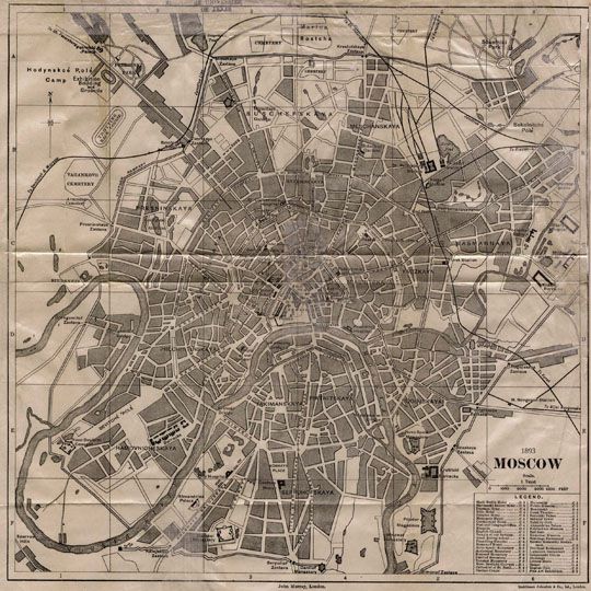 Moscow by John Murray v.2
Английская карта Москвы. Moscow map, published by John Murray, London. Ruddiman Johnston &Co., Ld., London, 1893. Масштаб: 1:33,600, 1 дюйм = 2800 футов. 30 x 31 см. В правом нижнем углу - указатель основных гостиниц, монастырей, соборов и других достопримечательностей.
