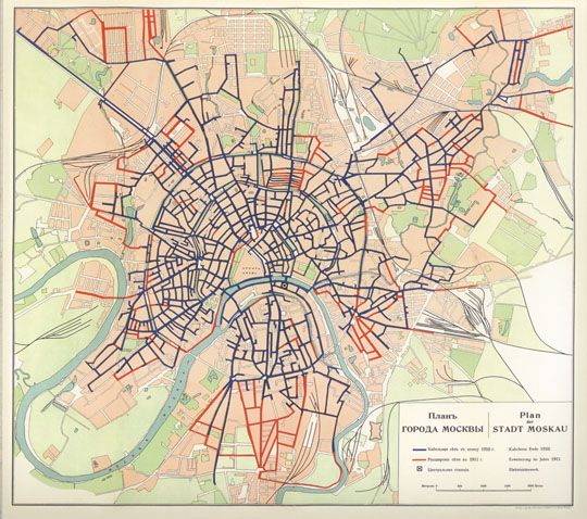 План электрической и кабельной сетей 1:25K%Plan of electric and cable networks
Планъ города Москвы - Plan der stadt Moskau. Изд. C.L. Keller, Берлин. На плане указаны существующая (синий цвет) и планируемая на 1911 г. (красный цвет) электрическая и кабельная сети. Масштаб 250м в 1 см. Типолитография, 510 х 568 мм.
