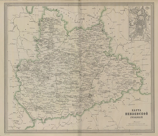 Пензенская губерния в Атласе Ильина  1:840K% Penzenskaya Gubernia by Ilyin
Карта Пензенской губернии. Масштаб 1:630,000. На врезке - план г. Пензы. В кн.:  Подробный атлас Российской империи с планами главных городов. Издание картографического заведения А. Ильина. СПб, 1871, 6 с., 70 л. карт.
Ключевые слова: Пенза,атласы,издательство Ильина,атлас 1871