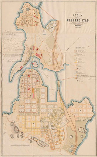 План Выборга % Plan of Vyborg
Карта города Выборга. Составлена в 1878 году Фр. Уденваллем. Karta ofver Wiborgs Stad. Upprattd ar 1878 af Fr. Odenwall. 
Ключевые слова: Выборг