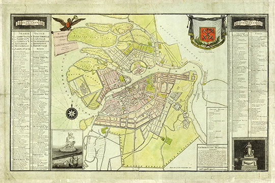 План Столичного города Санкт-Петербурга 1:21К %Plan of St.Petersburg
План Столичного города Санкт-Петербурга, 1792 год. Составитель – Петр Григорьев, место издания: Санкт-Петербург, издательство – Управа благочиния. 1792 год. 61 × 99 см. Гравюра на меди, раскрашена от руки. Масштаб — 1:21000. 
Ключевые слова: Санкт-Петербург