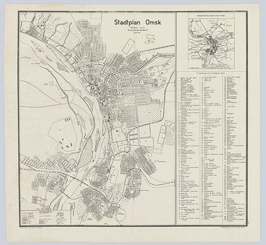 План Омска на немецком языке 1:20К %Stadtplan Omsk
План Омска на немецком языке. Состояние местности на 1940 год.  Издaниe 1942 гoдa. Macштaб 1:20000. 70x72 cм. В правой части - план окрестностей Омска и перечень основных объектов города. Stadtplan Omsk.
Ключевые слова: Омск,немецкие карты