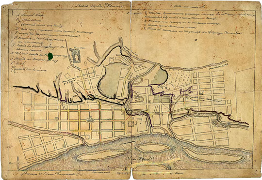 План Томска  1:8K% Map of Tomsk
План города Томска. Чертил Инженер 3-го класса Батеньков. Масштаб 100 сажен в дюйме. 1811г. На полях - обозначения объектов города Томска.
Ключевые слова: Томск