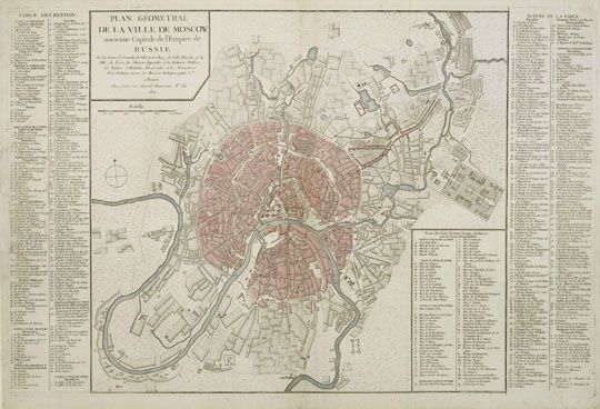Plan de la ville de Moscow v.1 1:30K
Plan geometral de la ville de Moscow ancienne capitale de l'empire de Russie. Published in  Paris, 1801: издатель  Jean P. Гравюра на меди, на 8 пластинах,  480 х 725мм. План раскрашен. Масштаб (усл.) 1 :30 000; 1 см = 300 м. В основе плана лежит Мичуринский план Москвы 1739 года. На полях представлена легенда на французском языке, обозначения соответствуют легенде Мичуринского плана.
Ключевые слова: французские карты,Мичуринский план