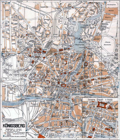 План Кенигсберга  1:15K% Map of Konigsberg
План Кенигсберга - Konigsberg. Масштаб 1:15000. На врезке - план центральной части Кенигсберга в масштабе 1:7500. Условная координатная сетка. Издание 1941 года.
Ключевые слова: Калининград,Кенигсберг,немецкие карты