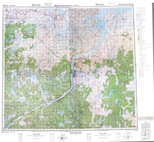 Немецкая карта окрестностей Мурманска 1:100K % Murmansk Truppenkarte
Немецкая карта окрестностей Мурманска. Масштаб 1:100,000. Сборная карта, склеенная из 2-х листов. Murmansk. Truppenkarte. Blatt Nr R-36-XIV-West,  Blatt Nr R-36-XIV-Ost
Ключевые слова: Мурманск,немецкие карты