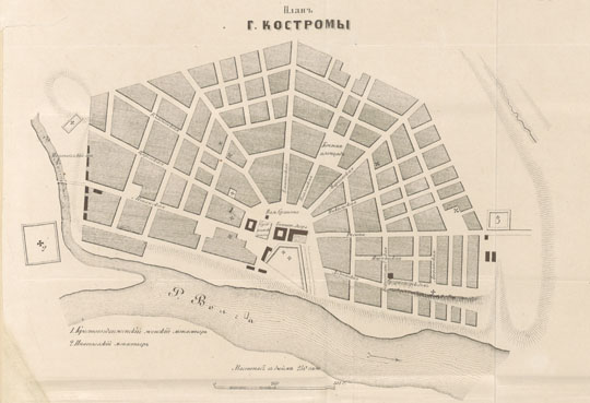 План Костромы  1:21K% Map of Kostroma
План Костромы. Масштаб - 250 саженей в дюйме. Из кн.: Материалы для географии и статистики России, собранные офицерами Генеральнаго Штаба. том. 1-29. Санкт-Петербург, 1860.
Ключевые слова: Кострома