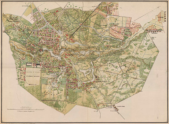 План города Павловска и окрестностей 1:8.4К % Plan of Pavlovsk and vicinity 
План города Павловска и окрестностей. 1897г. Масштаб - в английском дюйме 100 сажен. Литографировали Чиновники Иванов и Генрихсен. Топографы Немченко, Григорьев и Митрофанский
Ключевые слова: Павловск,парки
