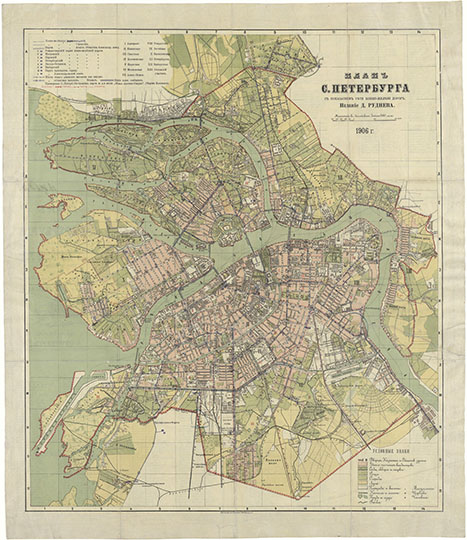 План С.Петербурга издания Руднева 1:25К %S. Petrsburg by Rudnev
План города С.Петербурга с показанием сети конно-железных дорог. 1906 год. Издание Д.М. Руднева. Масштаб 300 саженей в английском дюйме. 48x55 см. 
Ключевые слова: Санкт-Петербург