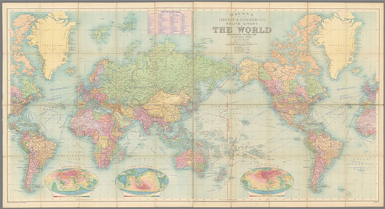 Карта мира в проекции Меркатора %Chart of The World Mercators Projection 
Карта мира в проекции Меркатора с указанием коммерческих маршрутов. Издание Библиотеки Бэйкона, Лондон, 1910 г. 75 х 149 см. Bacons Library and Commercial Route Chart of The World Mercators Projection 
Ключевые слова: Карты мира,английские карты