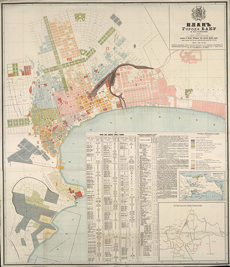 План Баку 1:8400К %Plan of Baku
План города Баку и его районов, составленный в 1913 году по данным Инвентарного Бюро Бакинской городской Управы. Масштаб - 100 сажен в дюйме. 110x130 см. Издание канцелярии наместника его императорского величества на Кавказе.
Ключевые слова: Баку