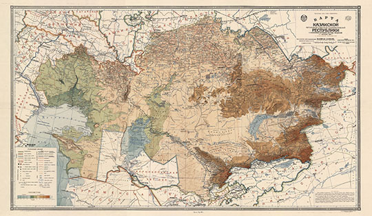 Карта Казахской АССР 1:2М % Map of Kazakhstan
Карта Казакской Автономной Советской Социалистической республики с нанесением окружной системы, введенной с 1 октября 1928 года и с нанесением гипсометрии. Составил научный сотрудник Казгосплана С.А. Трофимов. Масштаб 1:2,000,000. Казакстанское издательство: Госкартогеодезия Института геодезии и картографии ГГУ ВСНХ СССР, 1931. На 3-х листах 68x104 см.За основу взяты 40 и 10 верстные карты издания корпуса Военных Топографов и карты бывшего переселенческого управления. 
Ключевые слова: Алма-Ата,карты ВСНХ,Каспийское море,Аральское море