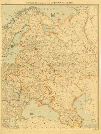 Схема железных дорог Европейской России 1:3.2M % Stanfords railway map of European Russia
Схема железных дорог Европейской России издательства Stanford. Масштаб 1:3,220,177, 114 x 90см. Stanford's railway map of European Russia, 1915, Edward Stanford Ltd.
Ключевые слова: Европейская Россия,английские карты