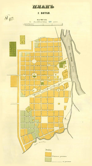 План г. Вятки  1:126K% Plan of Vyatka
План г. Вятки. Масштаб в 1 английском дюйме 150 сажен. Карта города на врезке карты: Карта Вятского уезда. Составлена в 1886 году Вятским губернским земским статистическим бюро. Масштаб в Английском дюйме 2½ версты.
Ключевые слова: Киров