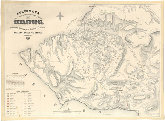 Испанский план Севастополя % Spanish vap of Sevastopol
Испанский план Севастополя - Новая карта для изучения обороны и защиты Севастополя. Nuevomapa para el estudio de los trabajos de ataque y defensa du Sevastopol. Mariano Perez de Castro, Madrid, 1856.
Ключевые слова: Севастополь