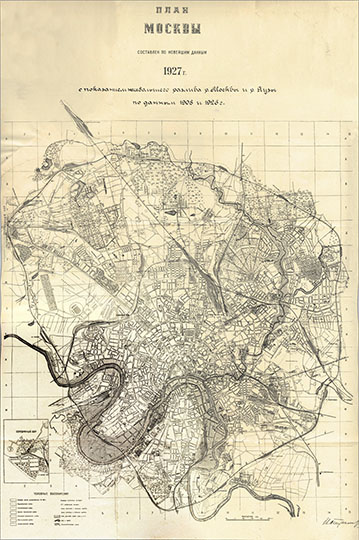 План Москвы с показанием разлива рек  1:21K% Plan of Moscow with flood borders
План Москвы. Составлен по новейшим данным. 1927г. С показанием наибольшего разлива р. Москвы и р. Яузы по данным 1908 и 1926 г. Масштаб 1:21000. Условная координатная сетка.
