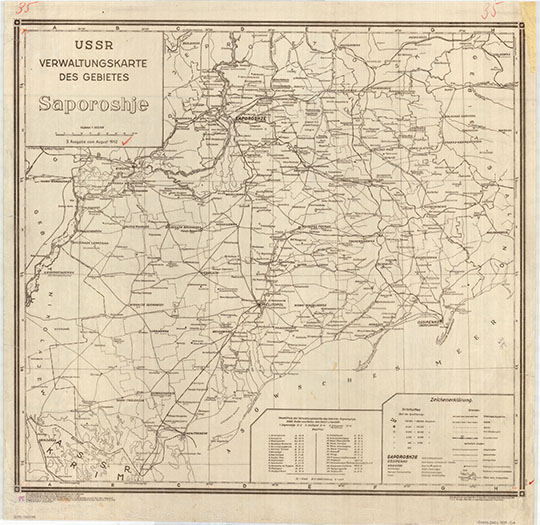 Немецкая карта окрестностей Запорожья 1:500К %Verwaltungskarte Des Gebietes Saporoshje
Немецкая административная карта окрестностей Запорожья. Масштаб 1:500,000. 1942г. USSR. Verwaltungskarte Des Gebietes Saporoshje. 
Ключевые слова: Запорожье,немецкие карты