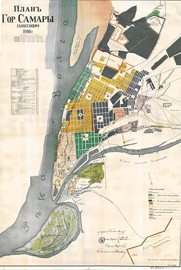 План города Самары с посёлками  1:8K%  1:8K% Plan of Samara and vicinity
План города Самары с посёлками.  1910 г. Масштаб 100 саженей в дюйме. План составил городской землемер А. Шеин. Чертил А. Савельев. Отпечатан в товариществе А.А. Левенсона.
Ключевые слова: Самара